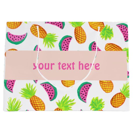 多彩な水彩画のパイナップルスイカパターン ラージペーパーバッグ (正面)