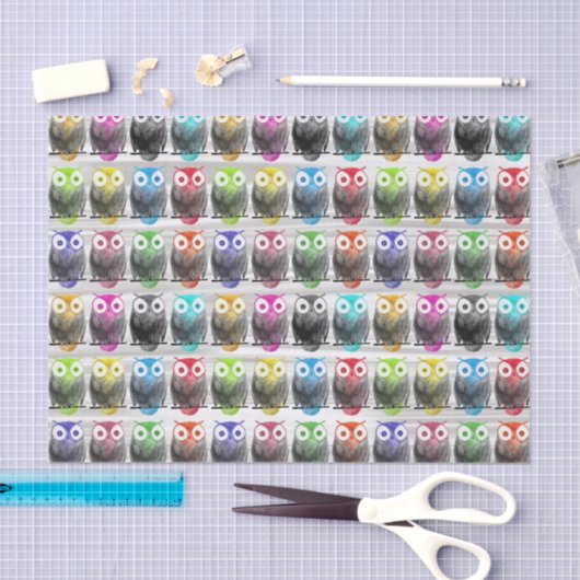 多彩な水彩画の手描きのフクロウパターン 薄葉紙 (クラフト)