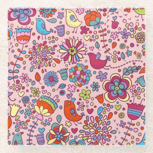 多彩な花が付いている春パターン ガラスコースター (正面)