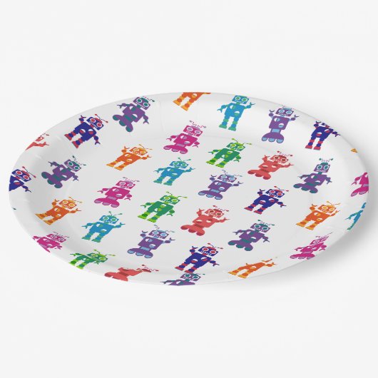 多彩の熱狂するなロボット子供の誕生日のパーティー ペーパープレート (アングル)