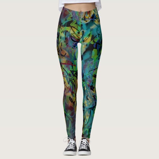 多彩の走り書きされた、はねかけられた熱狂するな芸術 レギンス (正面)