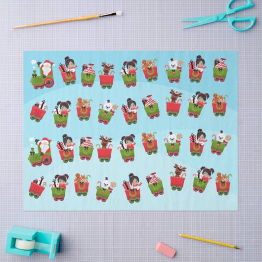 多文化の女の子がクリスマスレインに乗る 薄葉紙 (クラフト)