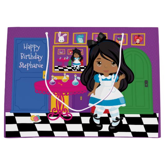 多文化アリス – 飲む私の大きな抱き枕 ラージペーパーバッグ (正面)