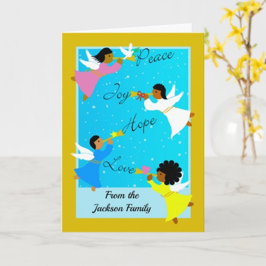 多文化カスタム天使とクリスマスフロントクリスマス カード (黄色い花)