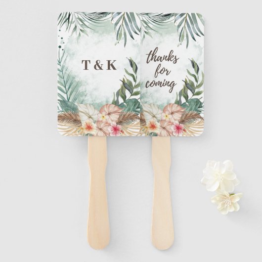 多日地 |熱帯ビーチの水彩フローラ結婚ズ ハンドファン (正面&裏面)