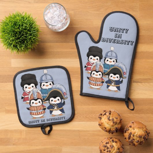 多様おもしろい性の王室の統一を守るペンギン 鍋つかみ&鍋敷きセット (トップダウン)