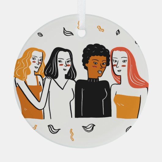 多様な女の子と様々な国籍が一緒に。 ガラスオーナメント (裏面)