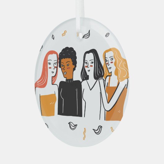 多様な女の子と様々な国籍が一緒に。 ガラスオーナメント (正面左)