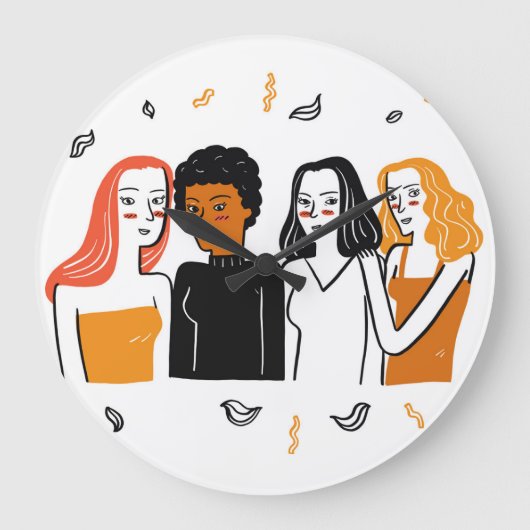 多様な女の子と様々な国籍が一緒に。 ラージ壁時計 (正面)