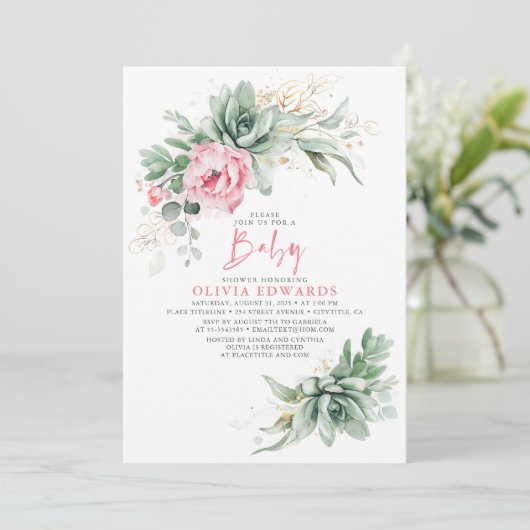 多汁とピンクの花ガールベビーシャワーの招待客 招待状 (スタンド正面)