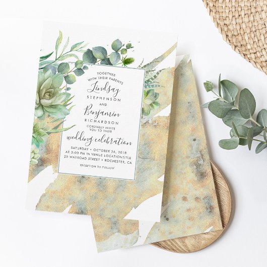 多汁と金ゴールドエレガントの水の色結婚の 招待状