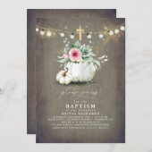 多汁カボチャ金ゴールドクロス秋ピンクバプテスマ 招待状 (正面/裏面)