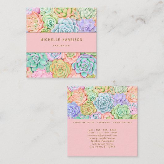 多汁ガーデンウォーターカラーパステルカラフルピンク スクエア名刺 (正面/裏面)
