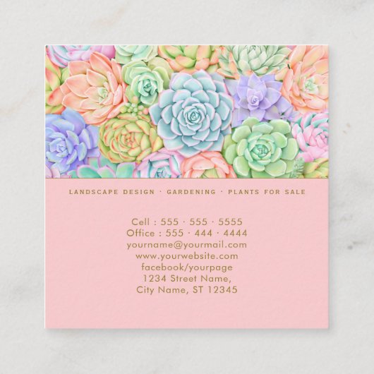 多汁ガーデンウォーターカラーパステルカラフルピンク スクエア名刺 (裏面)