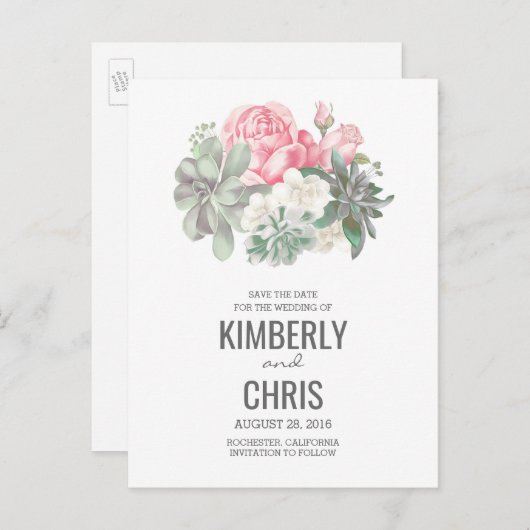 多汁フローラピンクブーケ日付を保存 案内ポストカード (正面/裏面)