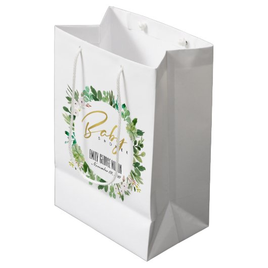 多汁リース茎水彩赤ちゃんシャワー ミディアムペーパーバッグ (正面アングル)