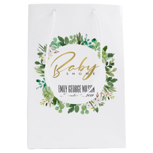 多汁リース茎水彩赤ちゃんシャワー ミディアムペーパーバッグ (正面)