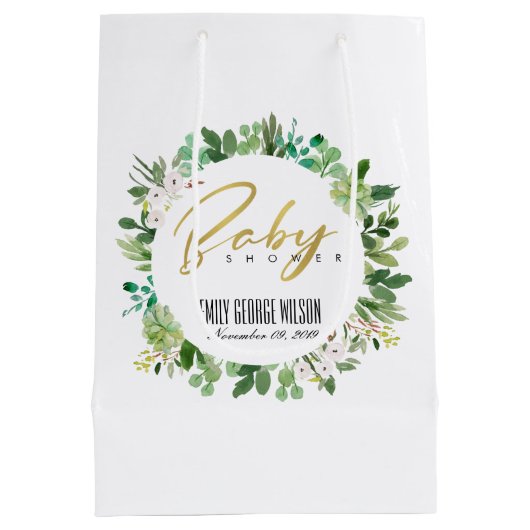 多汁リース茎水彩赤ちゃんシャワー ミディアムペーパーバッグ (裏面)