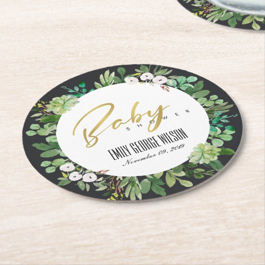 多汁リース茎水彩赤ちゃんシャワー ラウンドペーパーコースター (アングル)