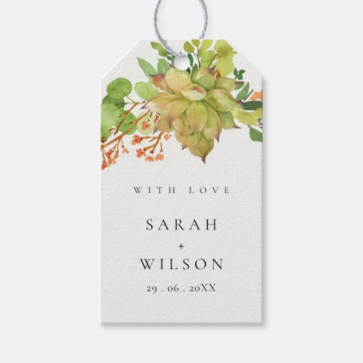 多汁性ガーデンフローラサボテンの結婚水彩 ギフトタグ (正面)