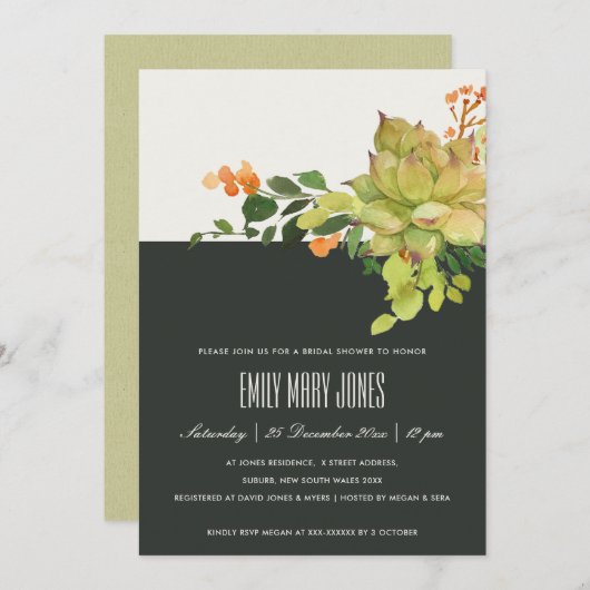 多汁性クラフトフローラ水彩ブライダルシャワー 招待状 (正面/裏面)