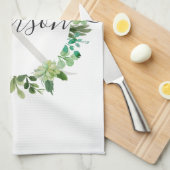 多汁性クールリース葉水色モノグラム キッチンタオル (四つ折り)