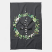 多汁性クールリース葉水色モノグラム キッチンタオル (縦)