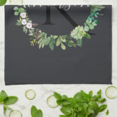 多汁性クールリース葉水色モノグラム キッチンタオル (折り畳み)