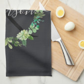 多汁性クールリース葉水色モノグラム キッチンタオル (四つ折り)