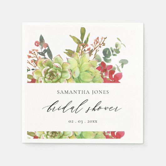 多汁性サボテンのオレンジ色の水彩ブライダルシャワー スタンダードカクテルナプキン (正面)