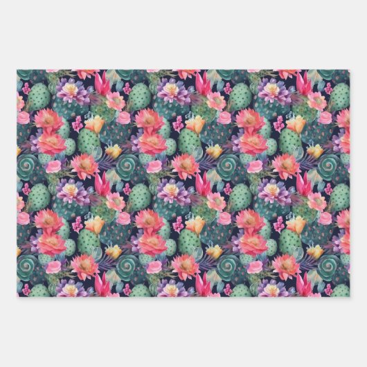 多汁性サボテンの小さな花の水色のパターン ラッピングペーパーシート (正面3)