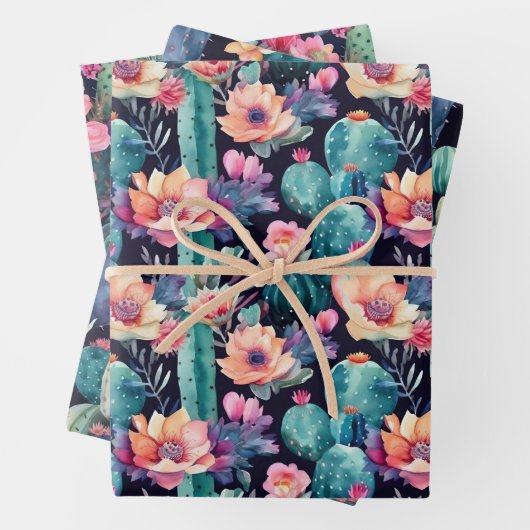 多汁性サボテンの小さな花の水色のパターン ラッピングペーパーシート (インサイチュ)