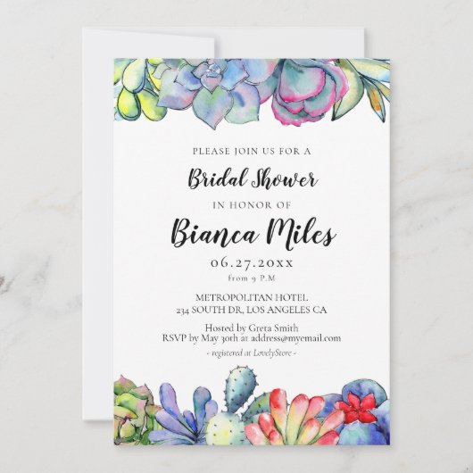 多汁性サボテンの水彩ブライダルシャワー 招待状 (正面)