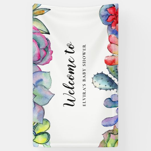 多汁性サボテンの水彩赤ちゃんシャワーへようこそ 横断幕 (縦)