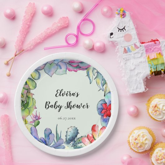 多汁性サボテンの水彩赤ちゃんシャワー ペーパープレート (パーティー)