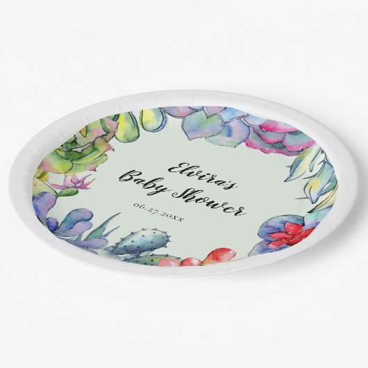 多汁性サボテンの水彩赤ちゃんシャワー ペーパープレート (アングル)