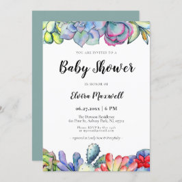 多汁性サボテンの水彩赤ちゃんシャワー 招待状