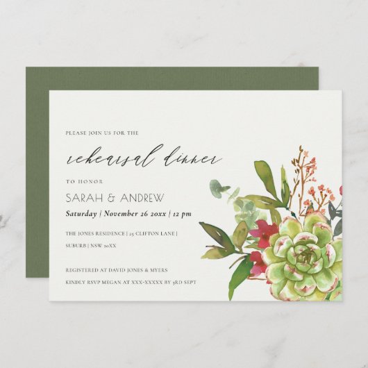 多汁性サボテンの水色リハーサルディナー 招待状 (正面/裏面)