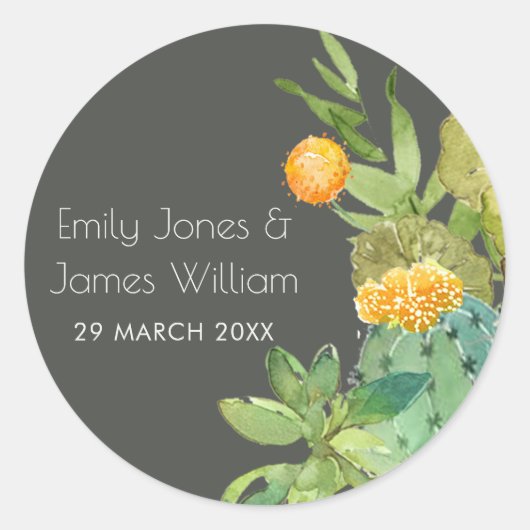 多汁性サボテンフローラガーデン水彩モノグラム ラウンドシール (正面)