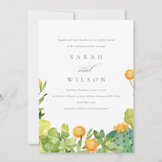 多汁性サボテンフローラガーデン水結婚色 招待状 (正面)