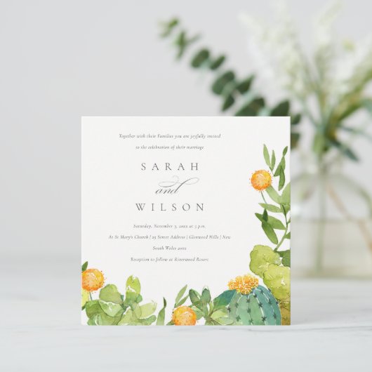 多汁性サボテンフローラガーデン水結婚色 招待状 (スタンド正面)