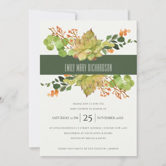 多汁性サボテンフローラ水彩赤ちゃんシャワー 招待状 (正面)