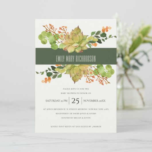 多汁性サボテンフローラ水彩赤ちゃんシャワー 招待状 (スタンド正面)