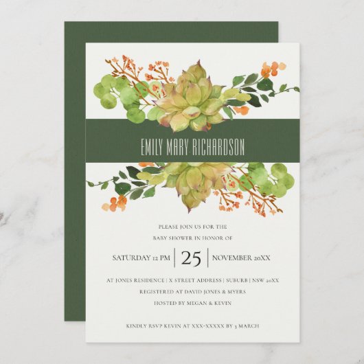 多汁性サボテンフローラ水彩赤ちゃんシャワー 招待状 (正面/裏面)