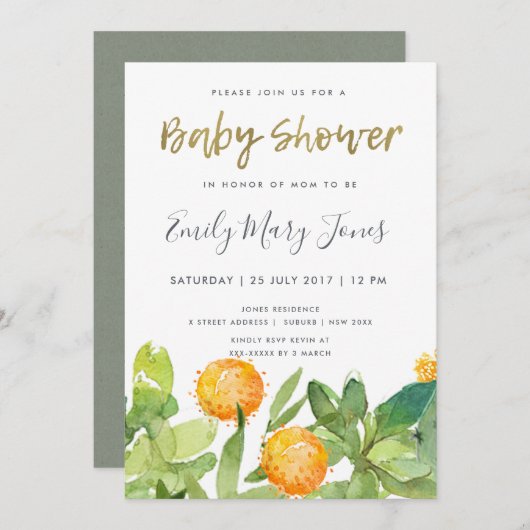 多汁性サボテンフローラ水彩赤ちゃんシャワー 招待状 (正面/裏面)