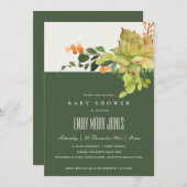 多汁性サボテンフローラ水彩赤ちゃんシャワー 招待状 (正面/裏面)