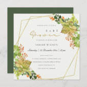 多汁性サボテンフローラ水彩赤ちゃんシャワー 招待状 (正面/裏面)