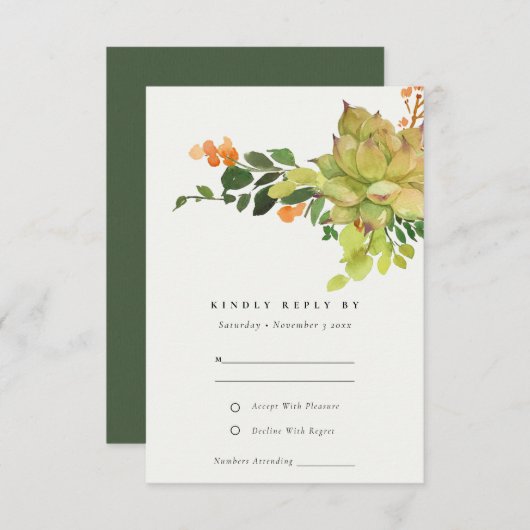 多汁性サボテンフローラ水彩RSVP 出欠カード (正面/裏面)