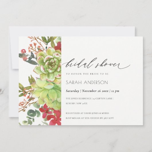 多汁性サボテン赤フローラブライダルシャワー招待状 サンキューカード (正面)
