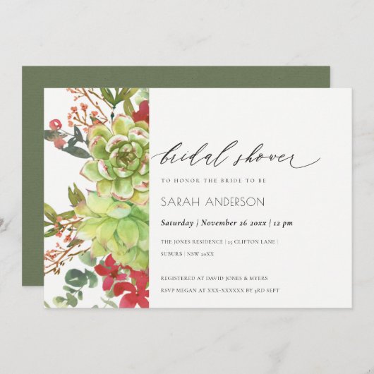 多汁性サボテン赤フローラブライダルシャワー招待状 サンキューカード (正面/裏面)